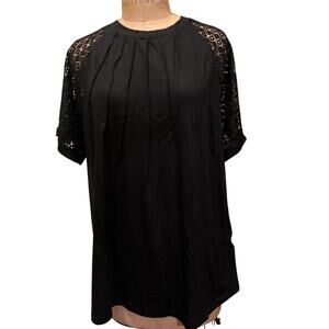 Black Short Sleeve Pleated Crew Neck Stretch Lace Sleeve Top NWT Size 3XL